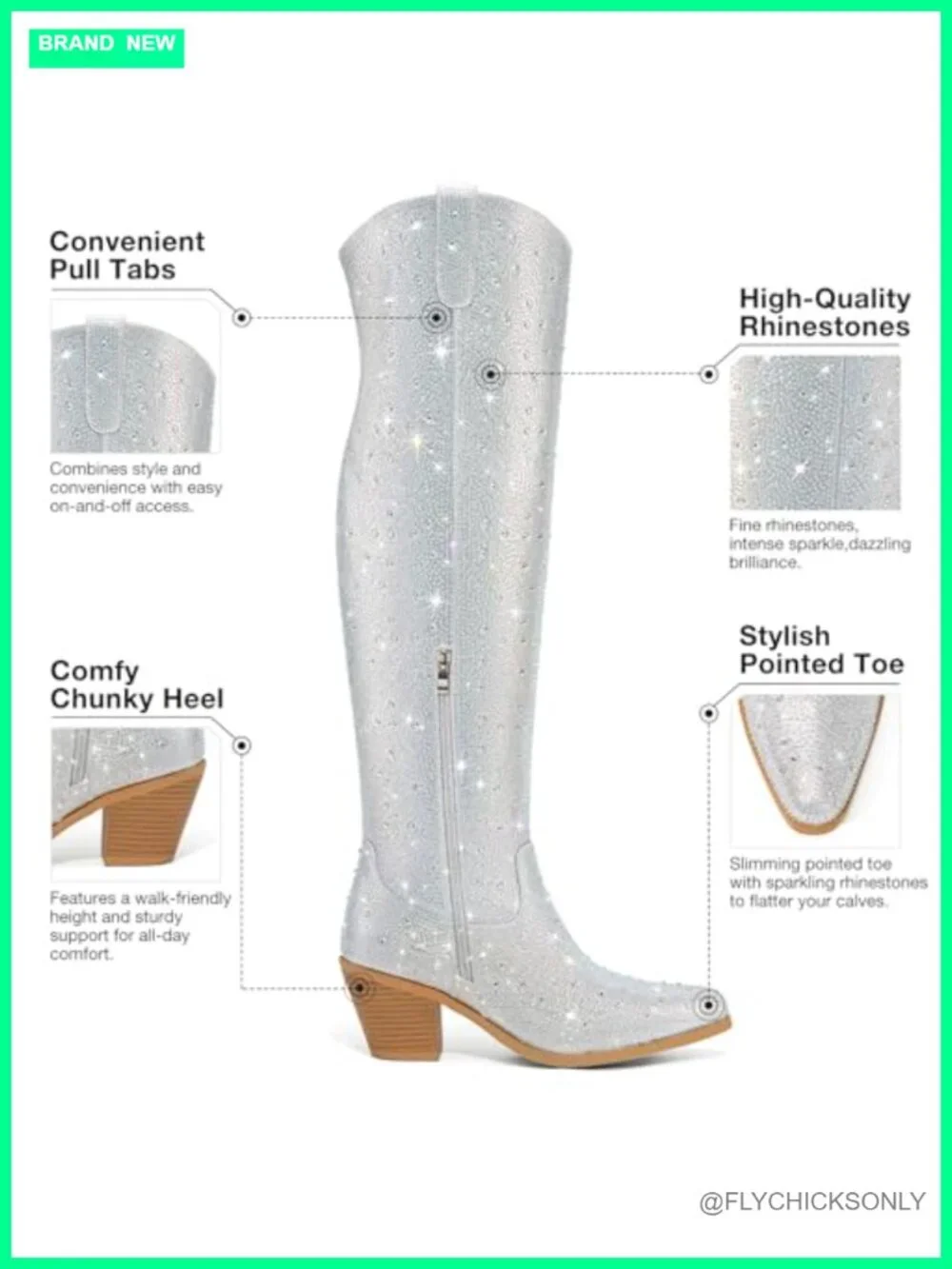 Rhinestone Cowgirl Boots Over the Knee Pointed Toe Block Heel Western